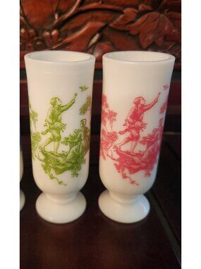 Set Of 2 Vintage Milk Glass Pedestal Mugs Colonial Design in Red n Green